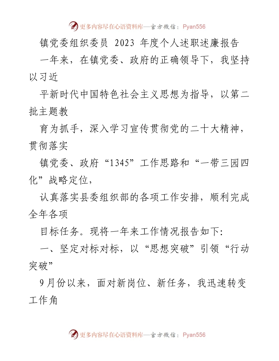 [述职报告] 镇党委 - 2023年度个人述职述廉报告总结.docx_第1页