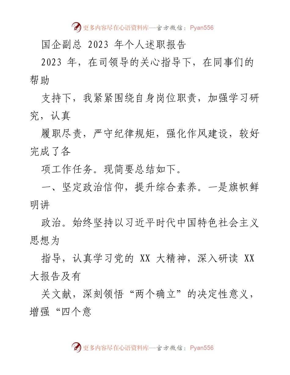 [述职报告] 国企副总 - 2023年度个人述职总结与工作回顾.docx_第1页