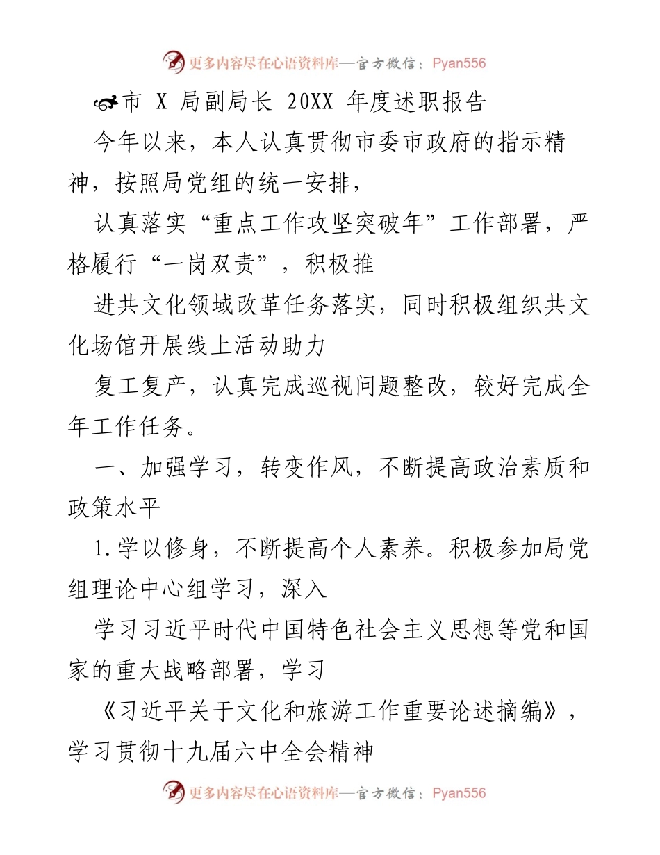 [述职报告] 市文化局 - 20XX年度副局长述职总结与工作展望.docx_第1页