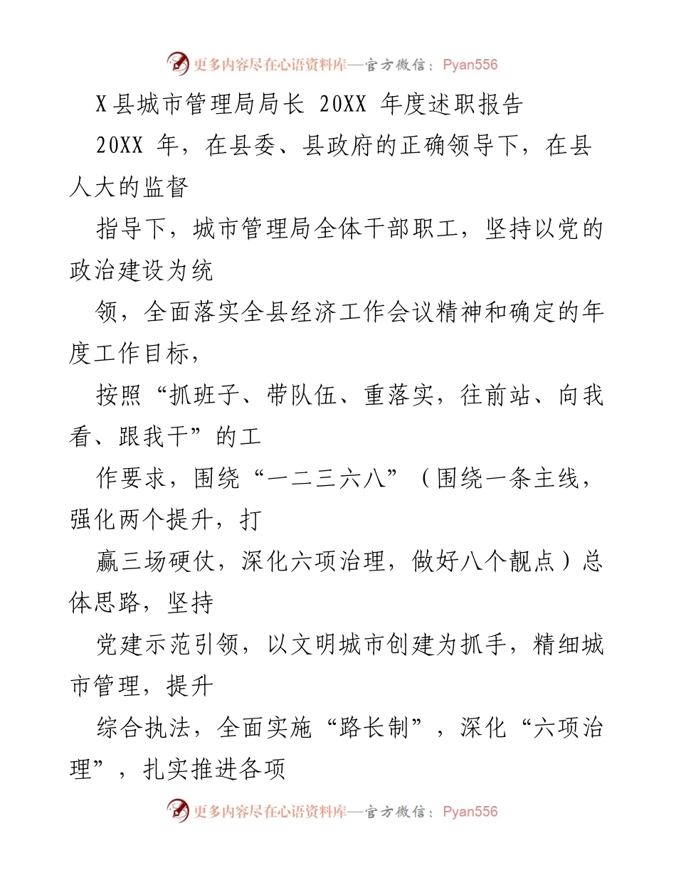 [述职报告] 城市管理局 - 20XX年度城市管理局局长述职报告.docx_第1页