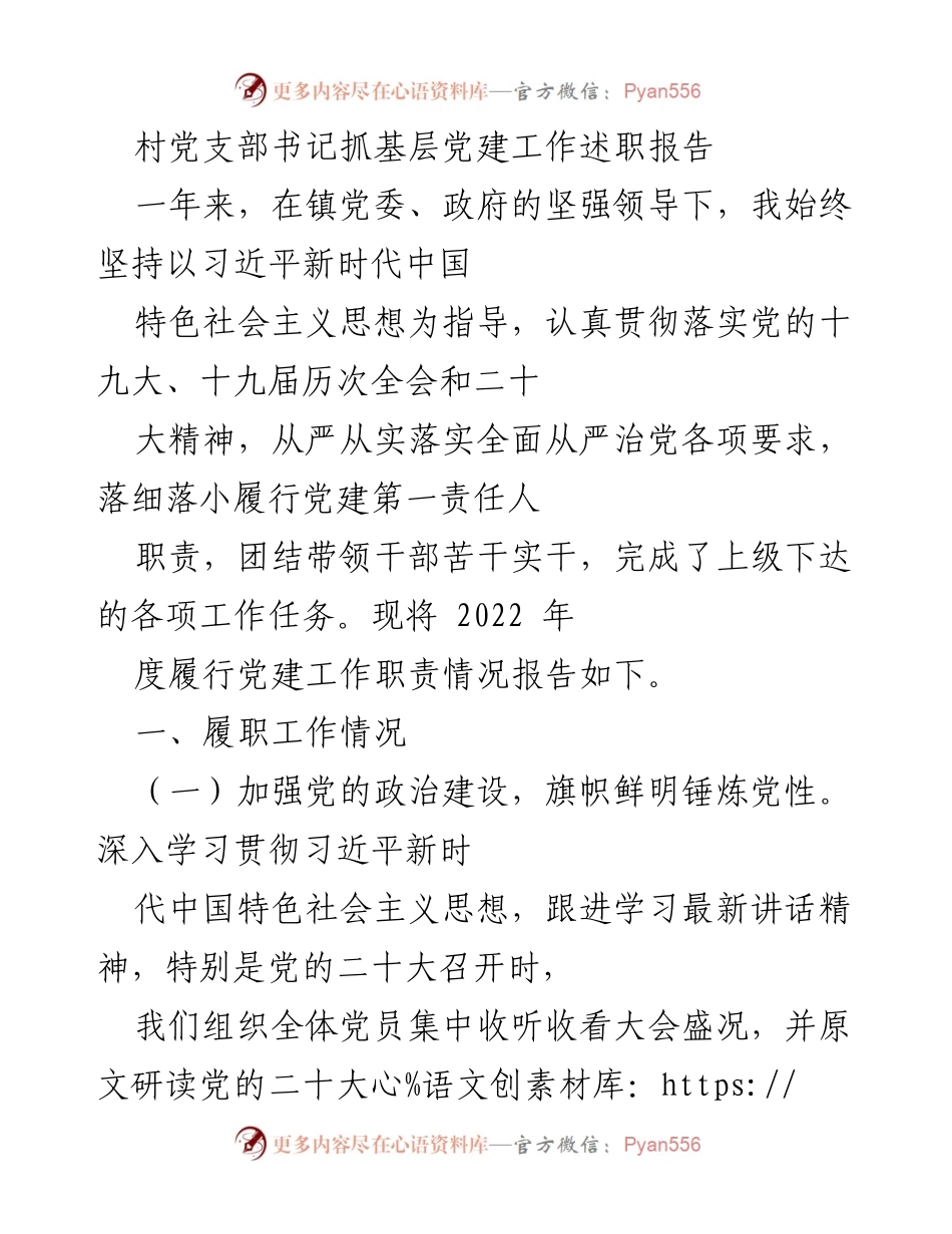 [述职报告] 村党支部 - 村党支部书记2022年度党建工作述职总结.docx_第1页