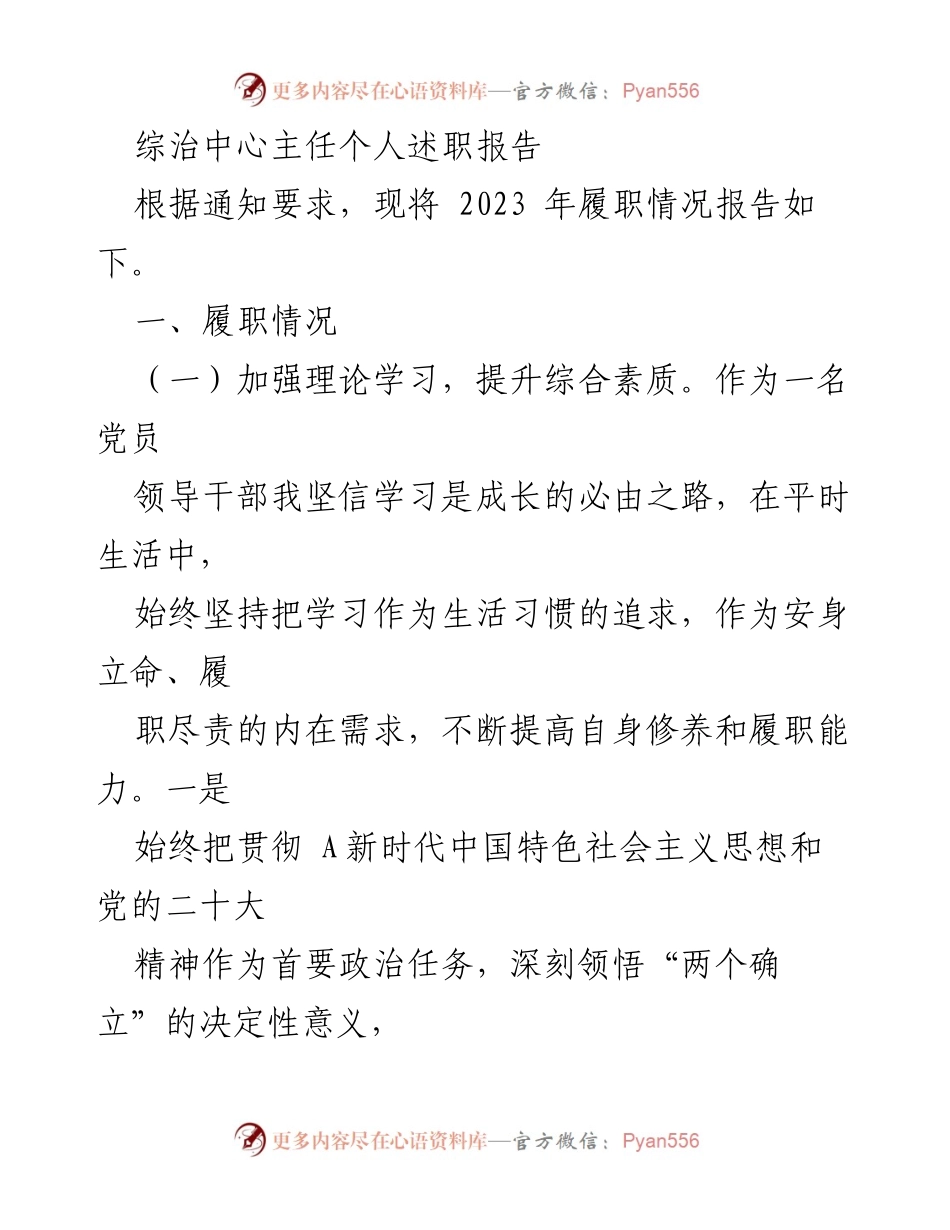 [述职报告] 综治中心 - 2023年综治中心主任履职情况总结_2.docx_第1页