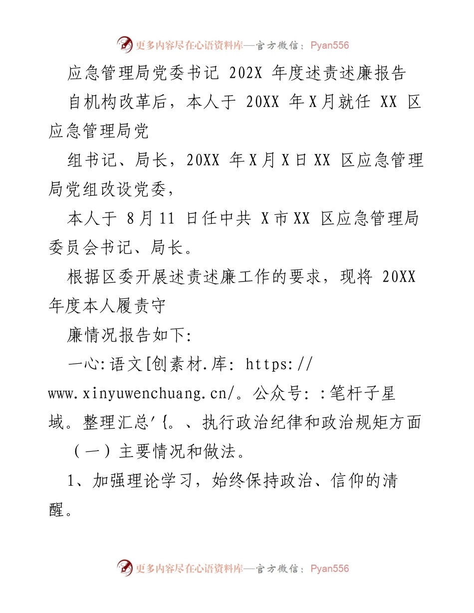 [述责述廉报告] 应急管理局 - 202X年度履责守廉情况总结.docx_第1页