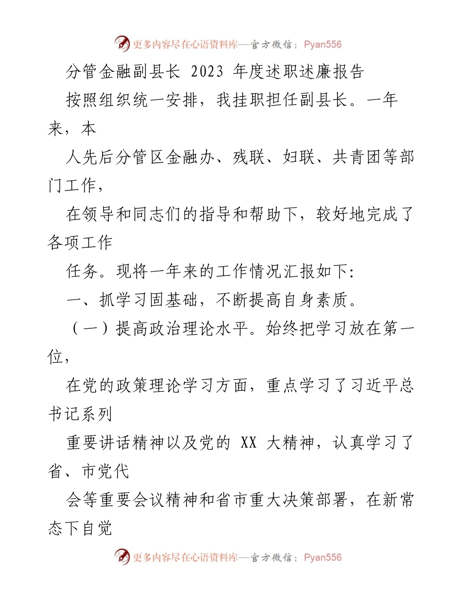 [述职报告] 政府工作 - 2023年度金融副县长述职述廉报告.docx_第1页