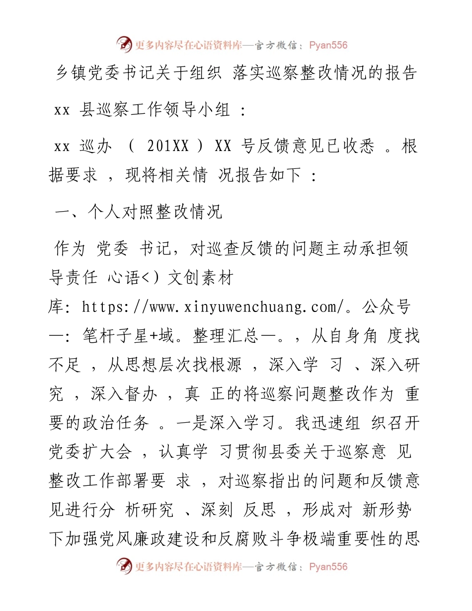 乡镇党委书记关于组织落实巡察整改情况的报告.docx_第1页
