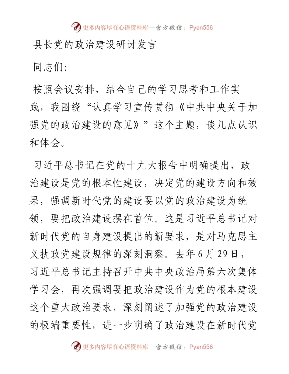 主题教育：县长党的政治建设研讨发言.docx_第1页