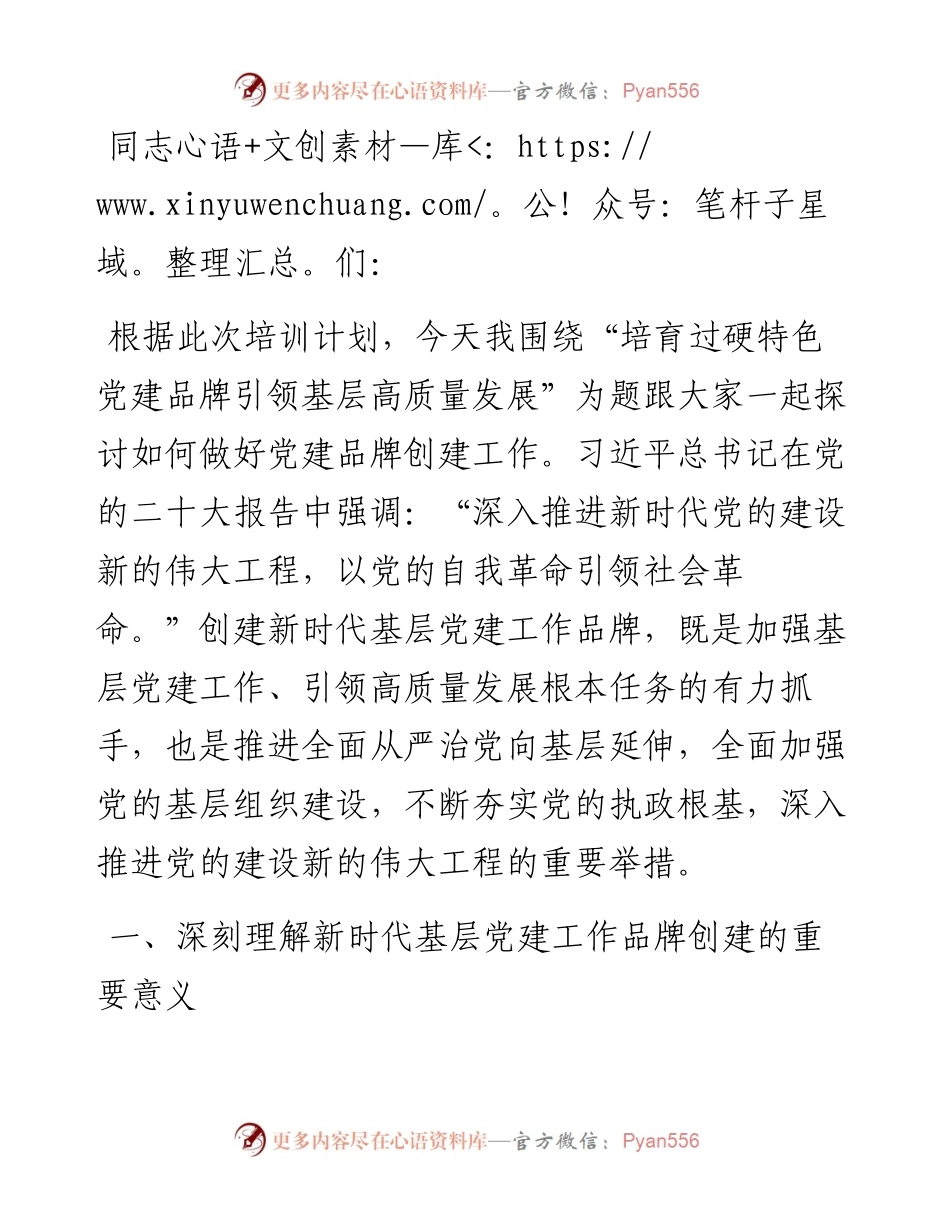 党课辅导：培育过硬特色党建品牌 引领基层高质量发展.docx_第1页