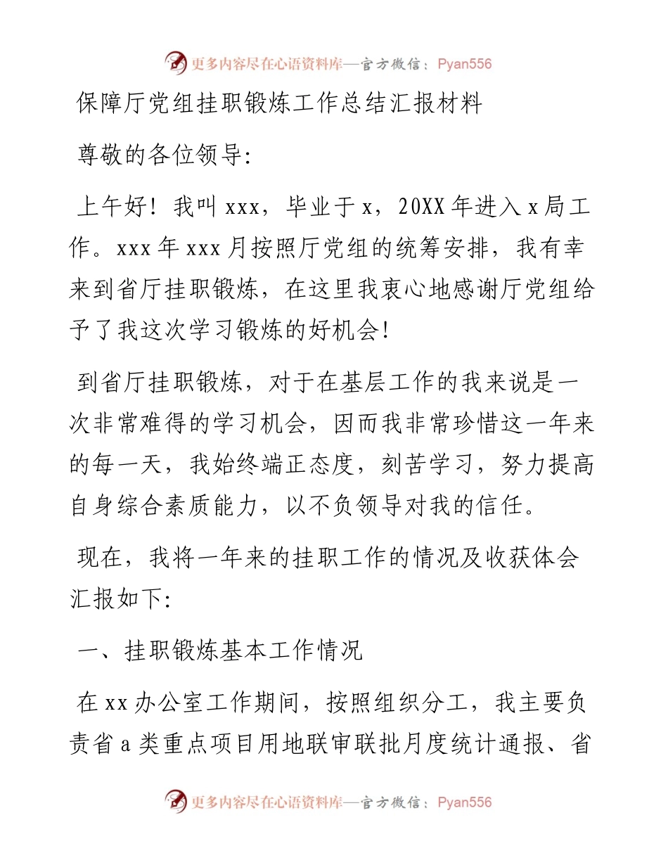 保障厅党组挂职锻炼工作总结汇报材料.docx_第1页