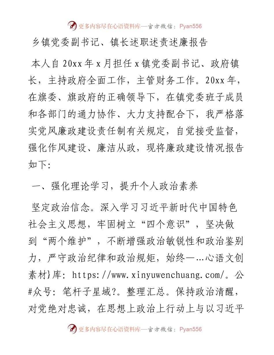 乡镇党委副书记镇长述职述责述廉报告范文个人工作总结.docx_第1页