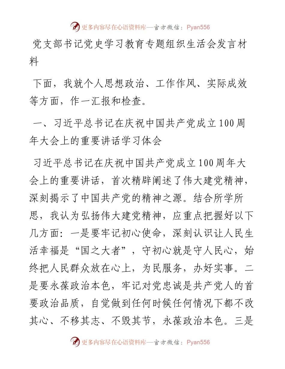 党支部书记党史学习教育专题组织生活会发言材料.docx_第1页