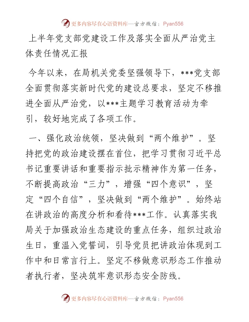 上半年党支部党建设工作及落实全面从严治党主体责任情况总结汇报.docx_第1页