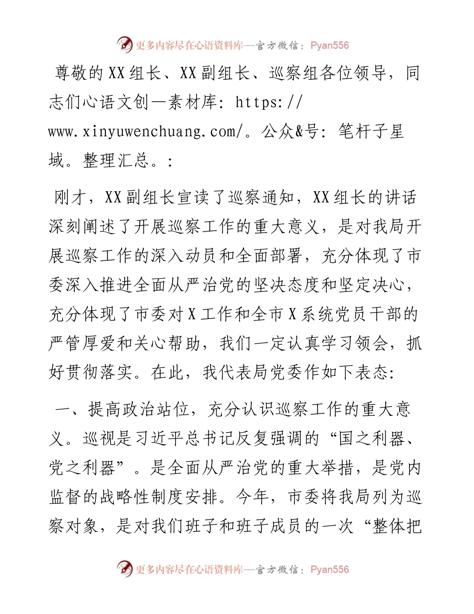党组书记在巡察工作动员会上的表态发言.docx_第1页