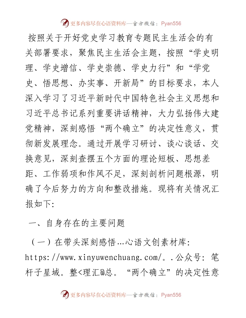 乡镇班子成员党史学习教育五个带头专题民主生活会个人对照检查材料.docx_第1页