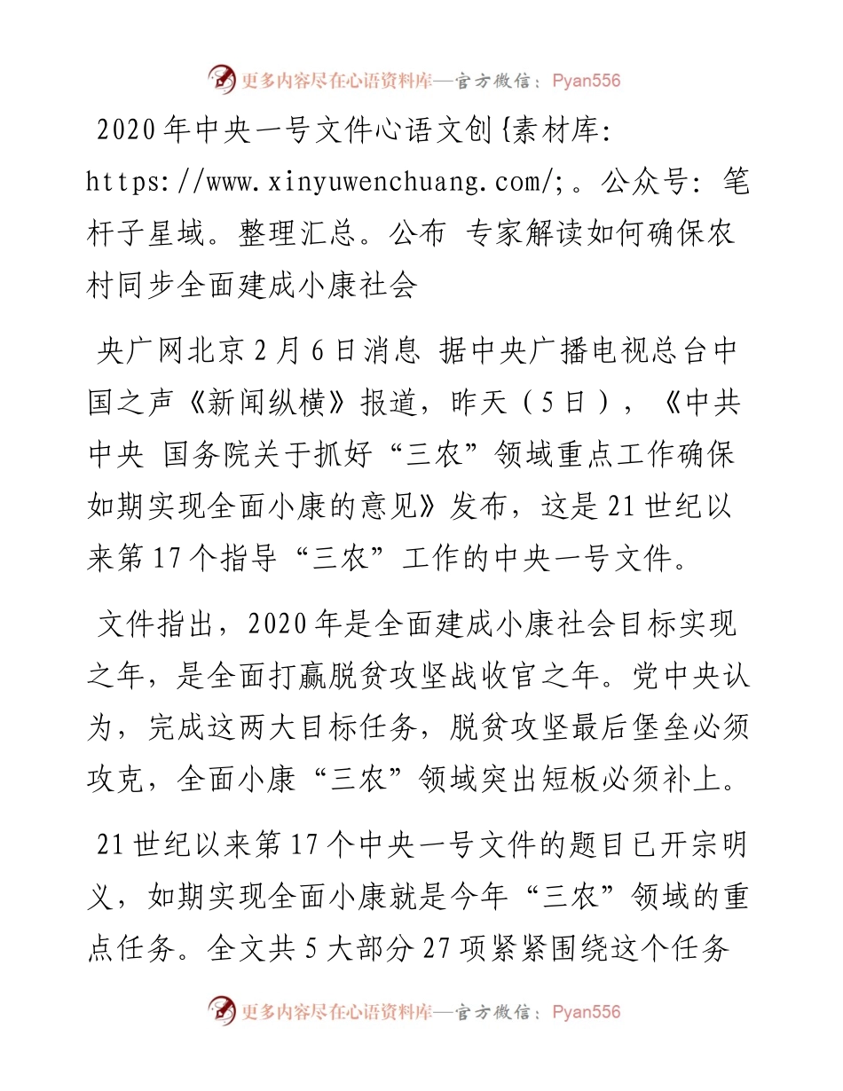中央一号文件公布 专家解读如何确保农村同步全面建成小康社会.docx_第1页