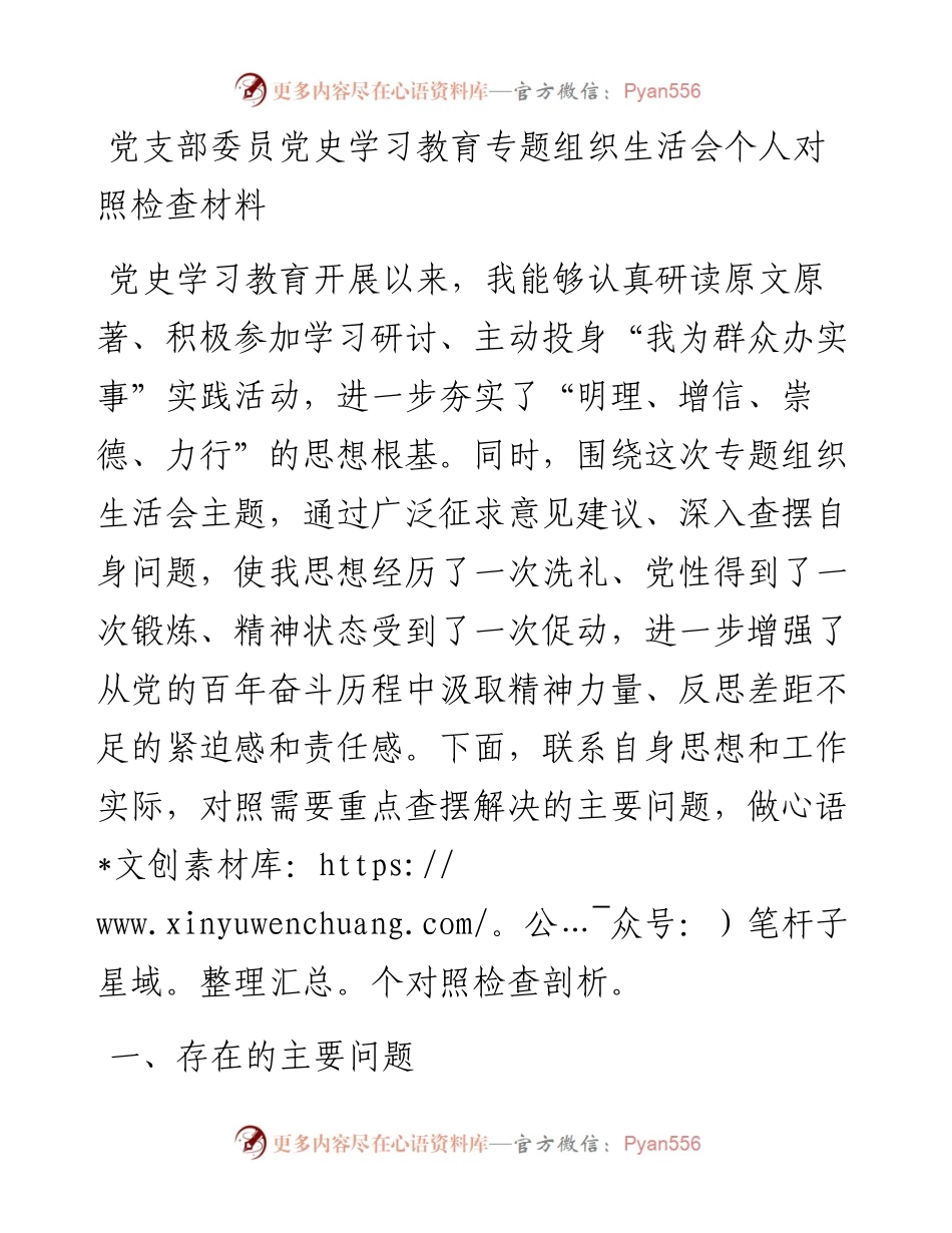 党支部委员党史学习教育专题组织生活会五个方面个人对照检查剖析_材料（党员干部通用）.docx_第1页