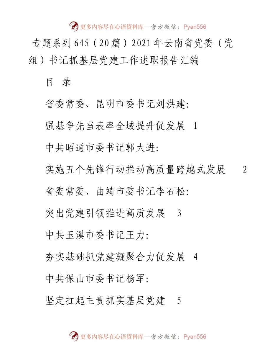 专题系列645（20篇）云南省党委（党组）书记抓基层党建工作述职报告汇编.docx_第1页