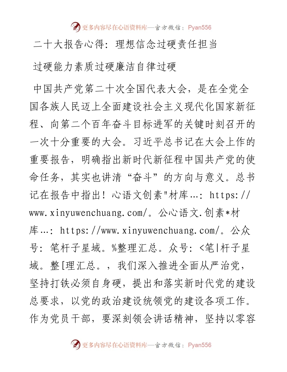 二十大报告心得：理想信念过硬责任担当过硬能力素质过硬廉洁自律过硬.docx_第1页