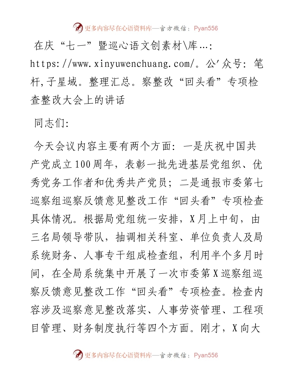 党办：在庆七一暨巡察整改回头看专项检查整改大会上的讲话.docx_第1页