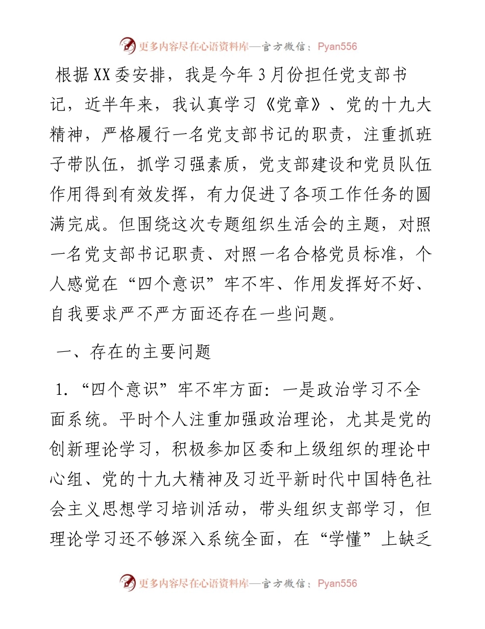 党支部书记专题组织生活会个人对照检查和总结讲话.docx_第1页