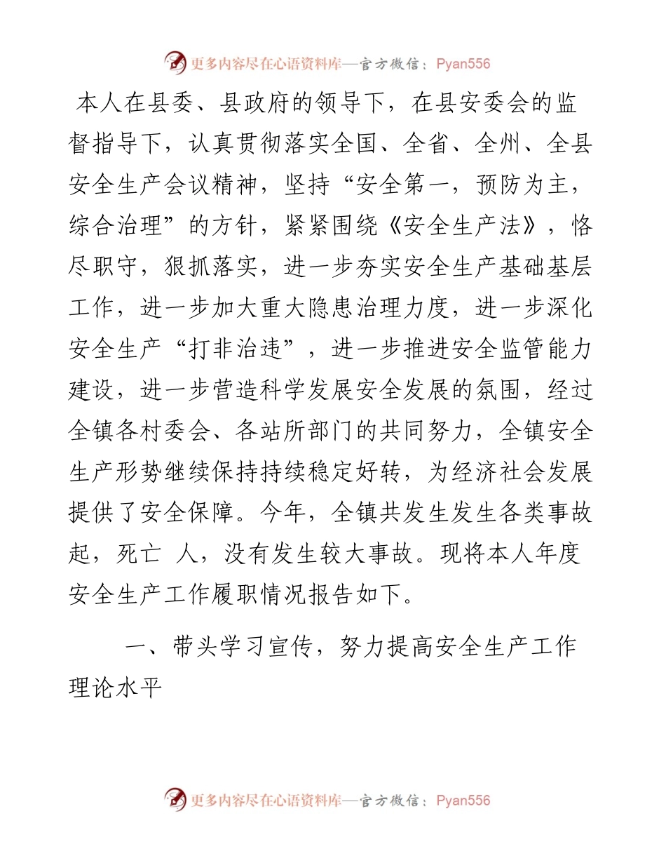 乡镇党委书记年度安全生产工作履职报告.docx_第1页