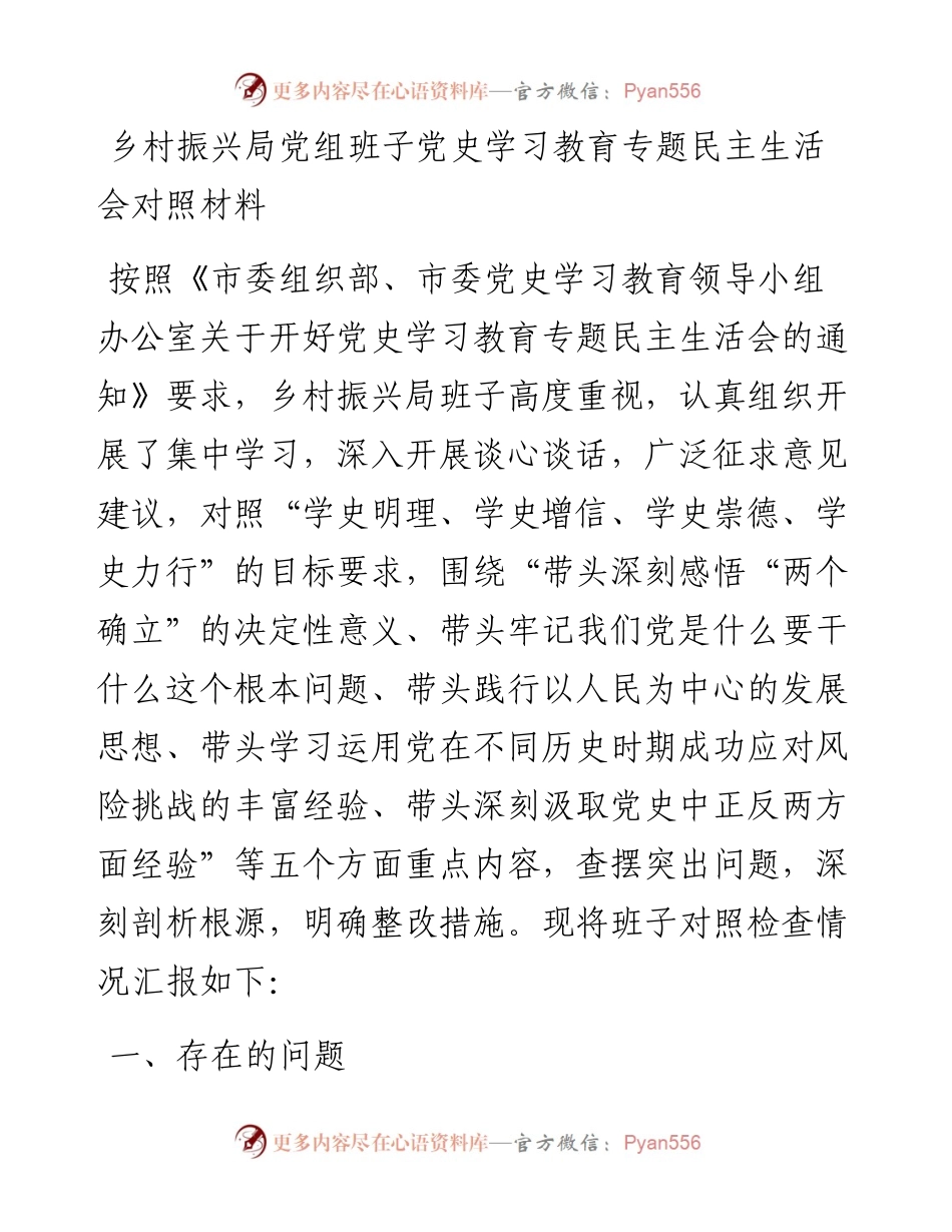 乡村振兴局党组班子党史学习教育专题民主生活会对照材料.docx_第1页