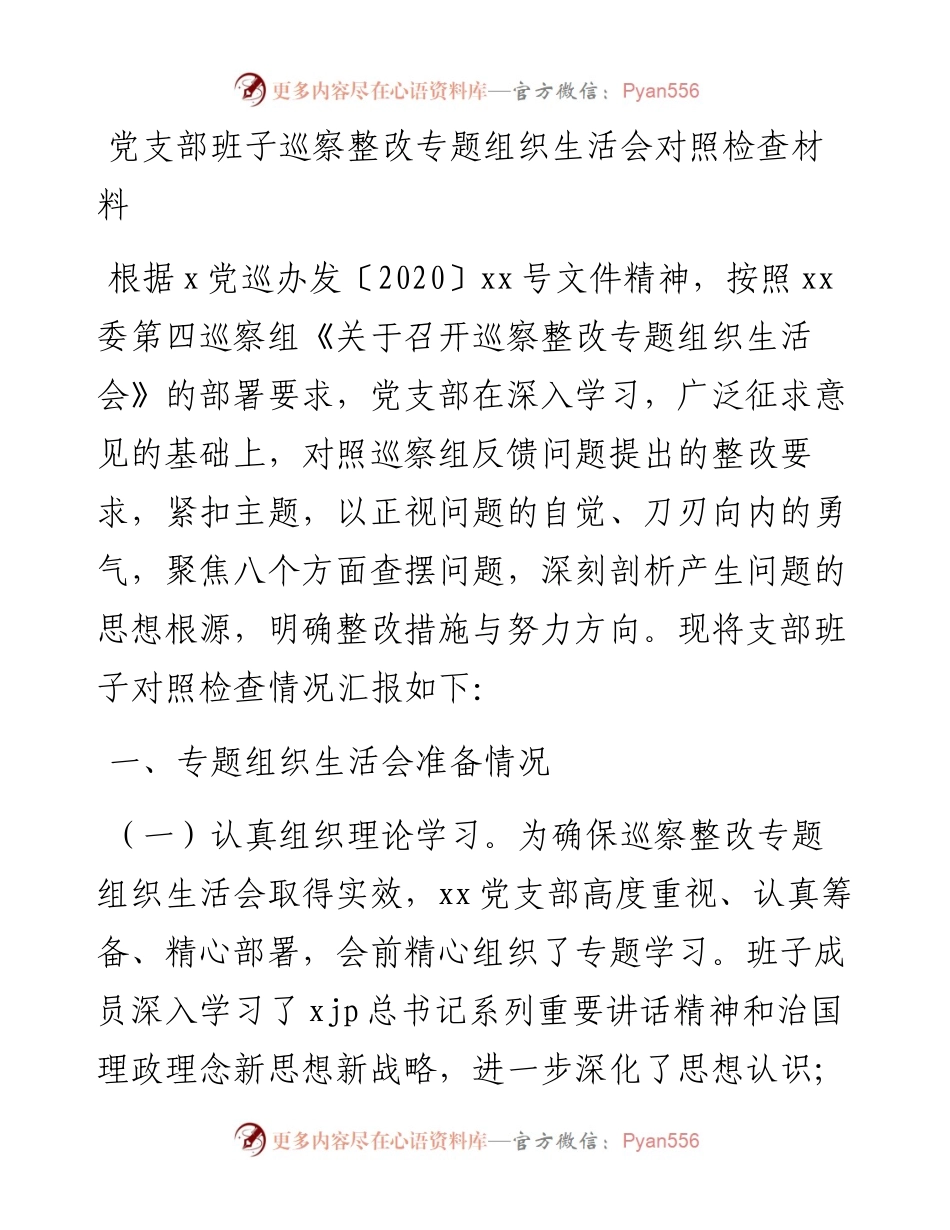 党支部班子巡察整改专题组织生活会对照检查材料(1).docx_第1页
