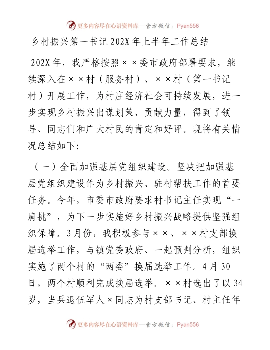 乡镇：乡村振兴第一书记202X年上半年工作总结.docx_第1页