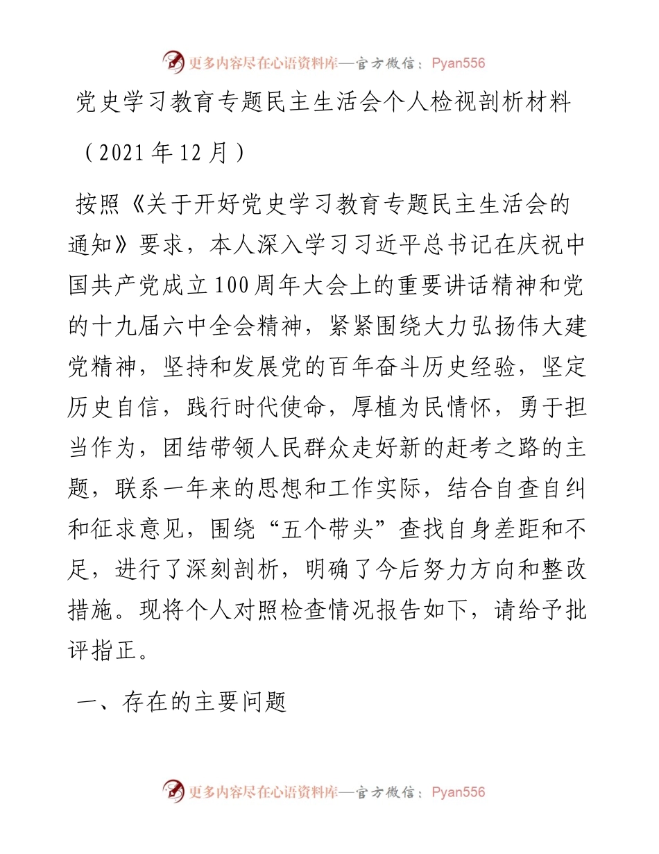 党史学习教育专题民主生活会个人检视剖析材料.docx_第1页