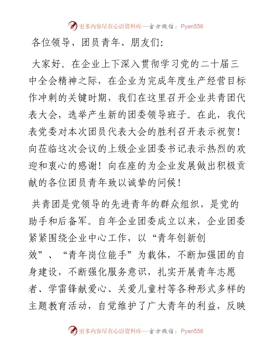 党委书记在共青团代表大会上的讲话.docx_第1页