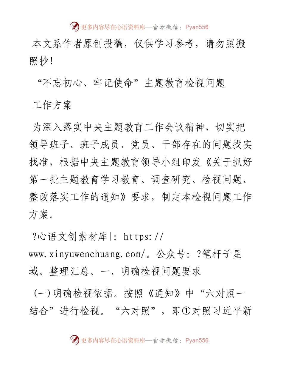 不忘初心牢记使命主题教育检视问题工作方案.docx_第1页