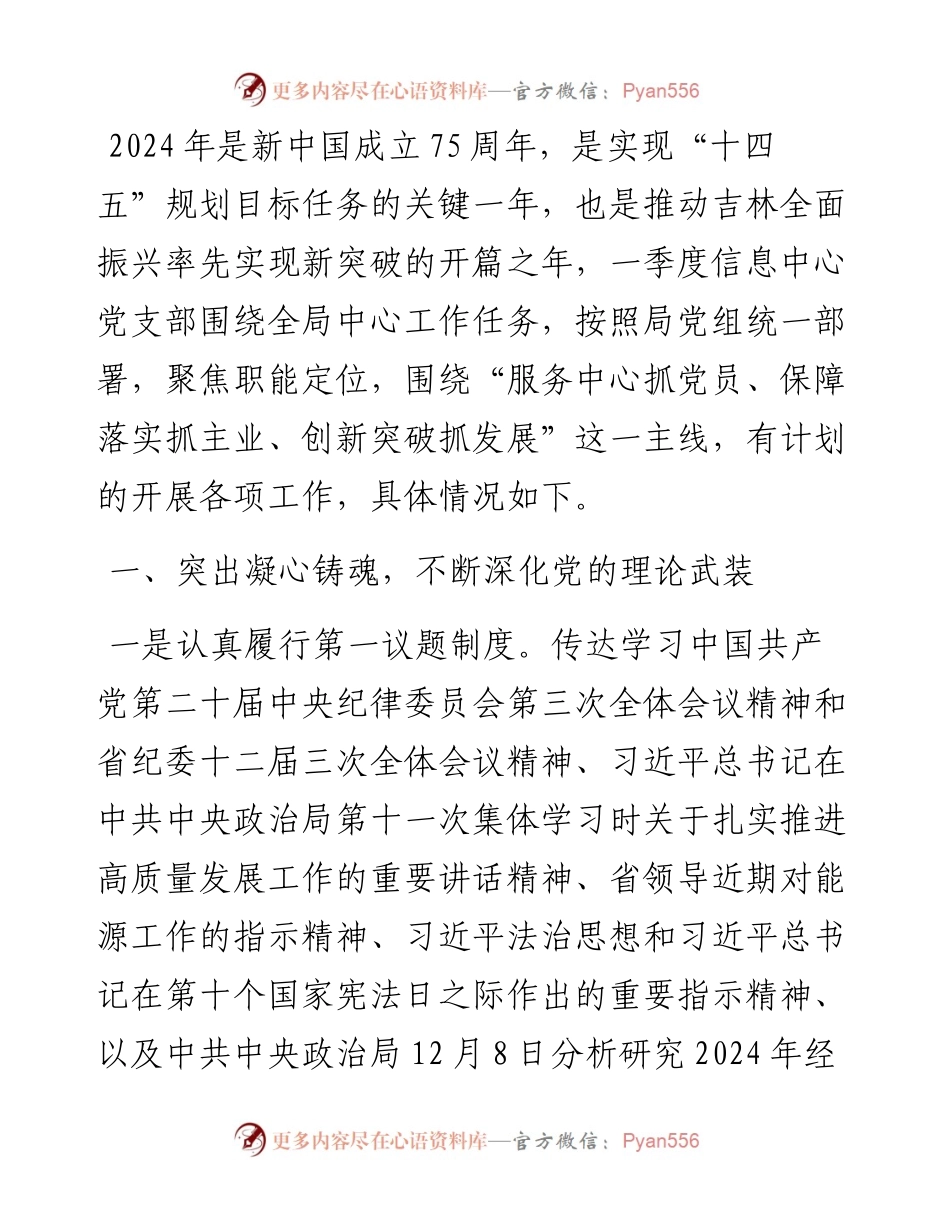 信息中心党支部2024年第一季度工作总结报告.docx_第1页