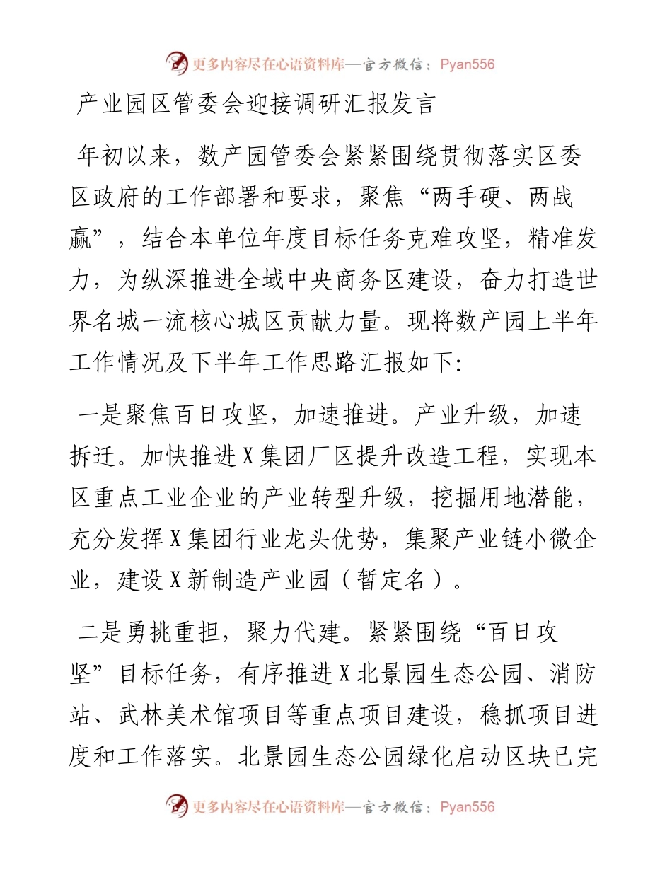 产业园区管委会迎接调研汇报发言.docx_第1页