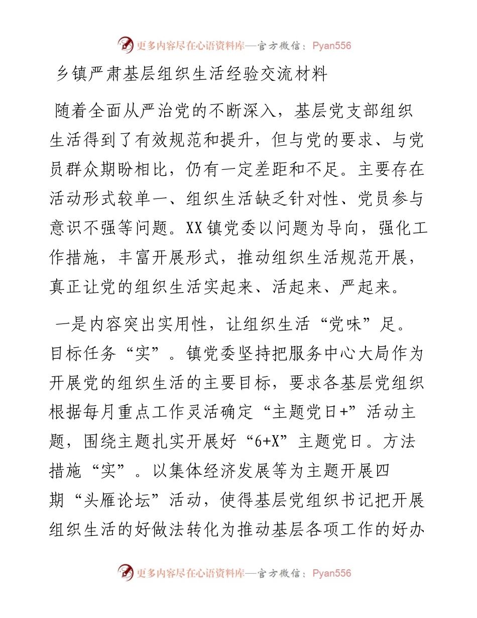 乡镇严肃基层组织生活经验交流材料.docx_第1页