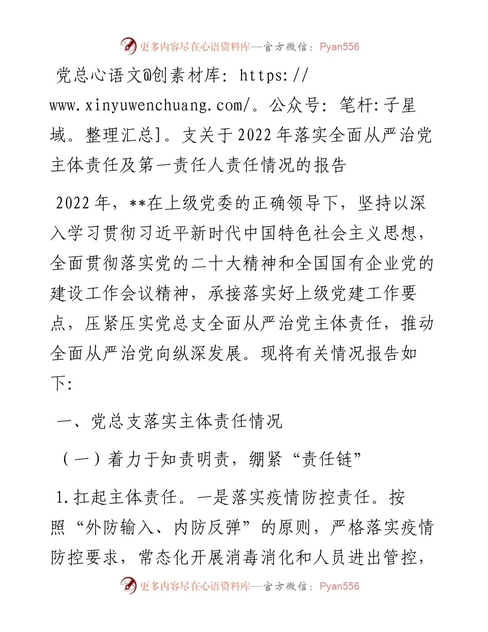 党总支关于落实全面从严治党主体责任及第一责任人责任情况的报告.docx_第1页