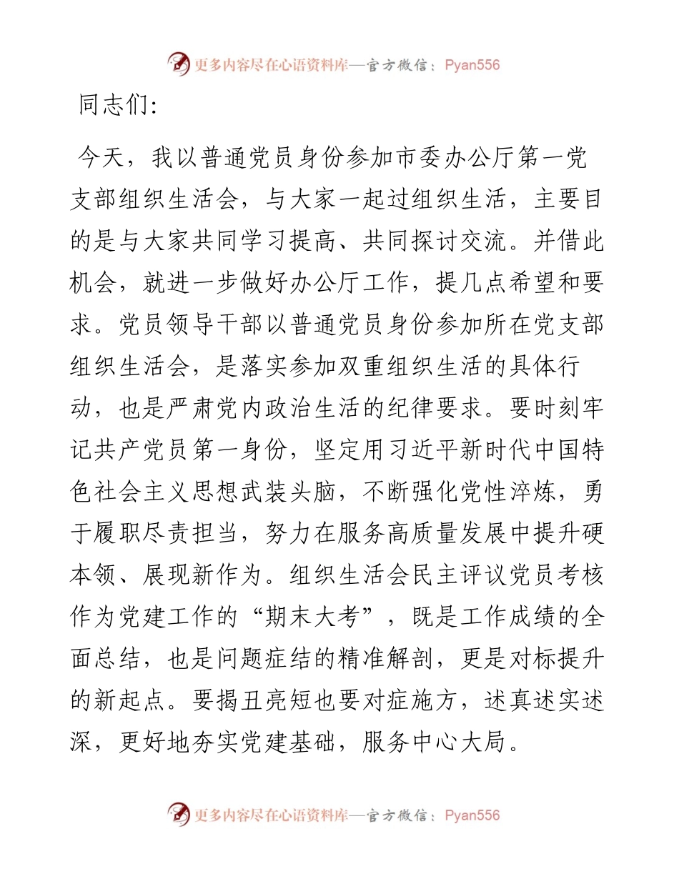 以普通党员身份参加所在党支部组织生活会及民主评议党员上的讲话.docx_第1页