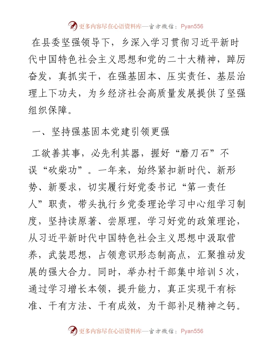 乡党委书记交流发言：凝心聚力抓党建 砥砺奋进促发展.docx_第1页