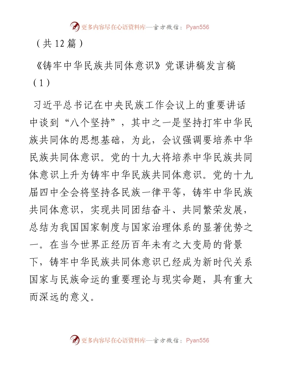 《铸牢中华民族共同体意识》专题党课讲稿发言稿（共12篇）.docx_第1页