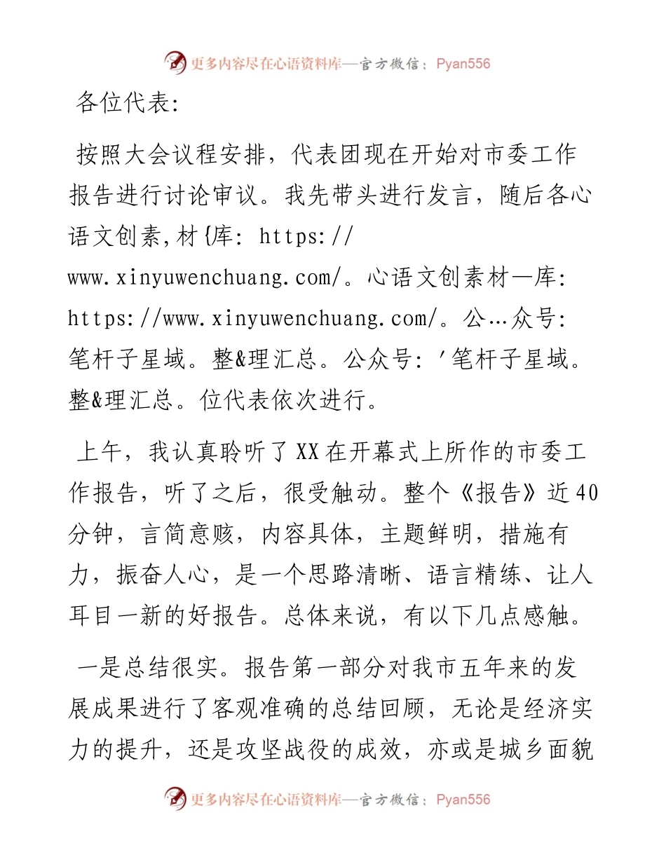 党代表在代表团讨论审议市委工作报告时的发言.docx_第1页