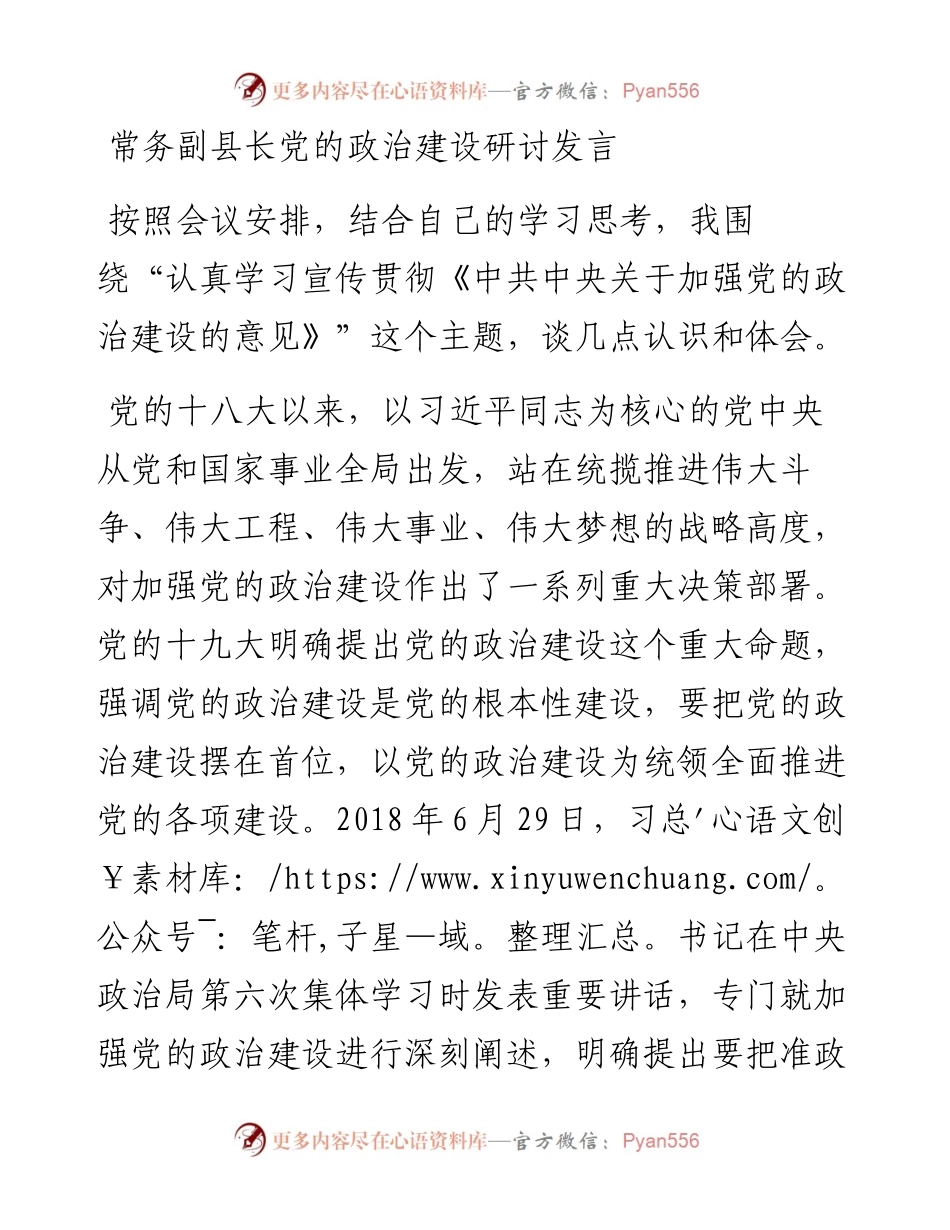 主题教育：常务副县长党的政治建设研讨发言.docx_第1页