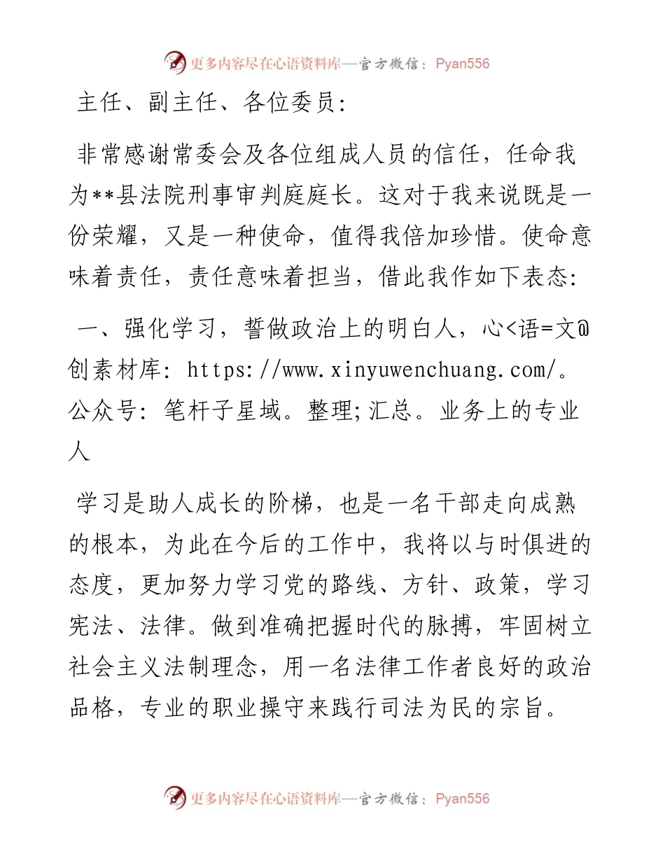 不辱使命 牢记责任 勇于担当——法院刑事审判庭庭长当选表态发言.docx_第1页