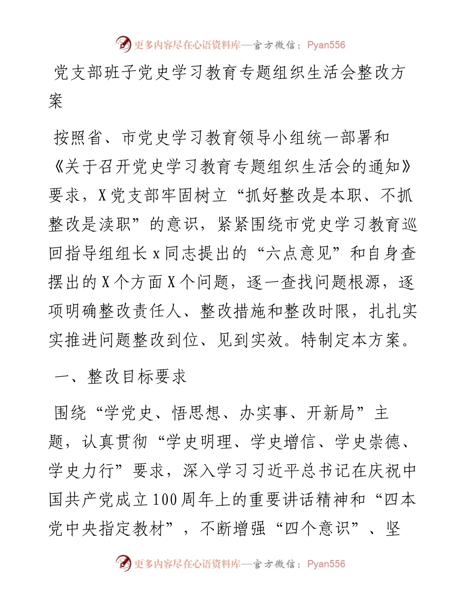 党支部班子党史学习教育专题组织生活会整改方案.docx_第1页