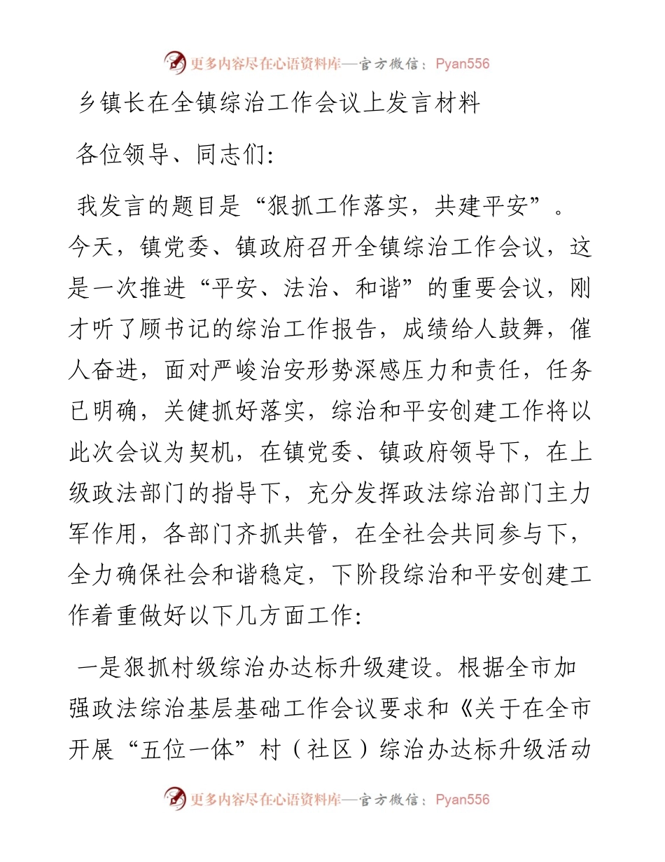 乡镇长在全镇综治工作会议上发言材料.docx_第1页