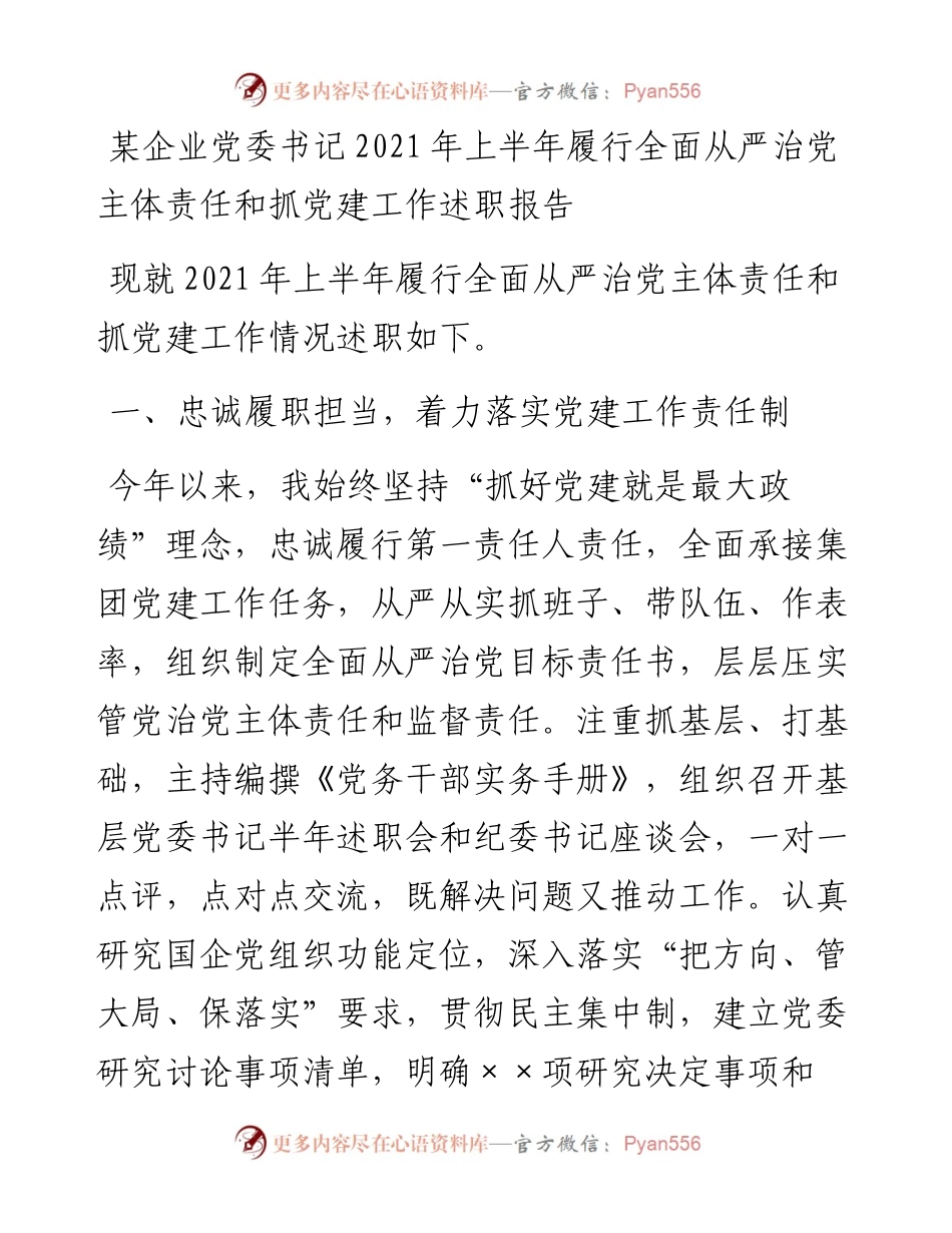 企业党委书记上半年履行全面从严治党主体责任和抓党建工作述职报告(1).docx_第1页