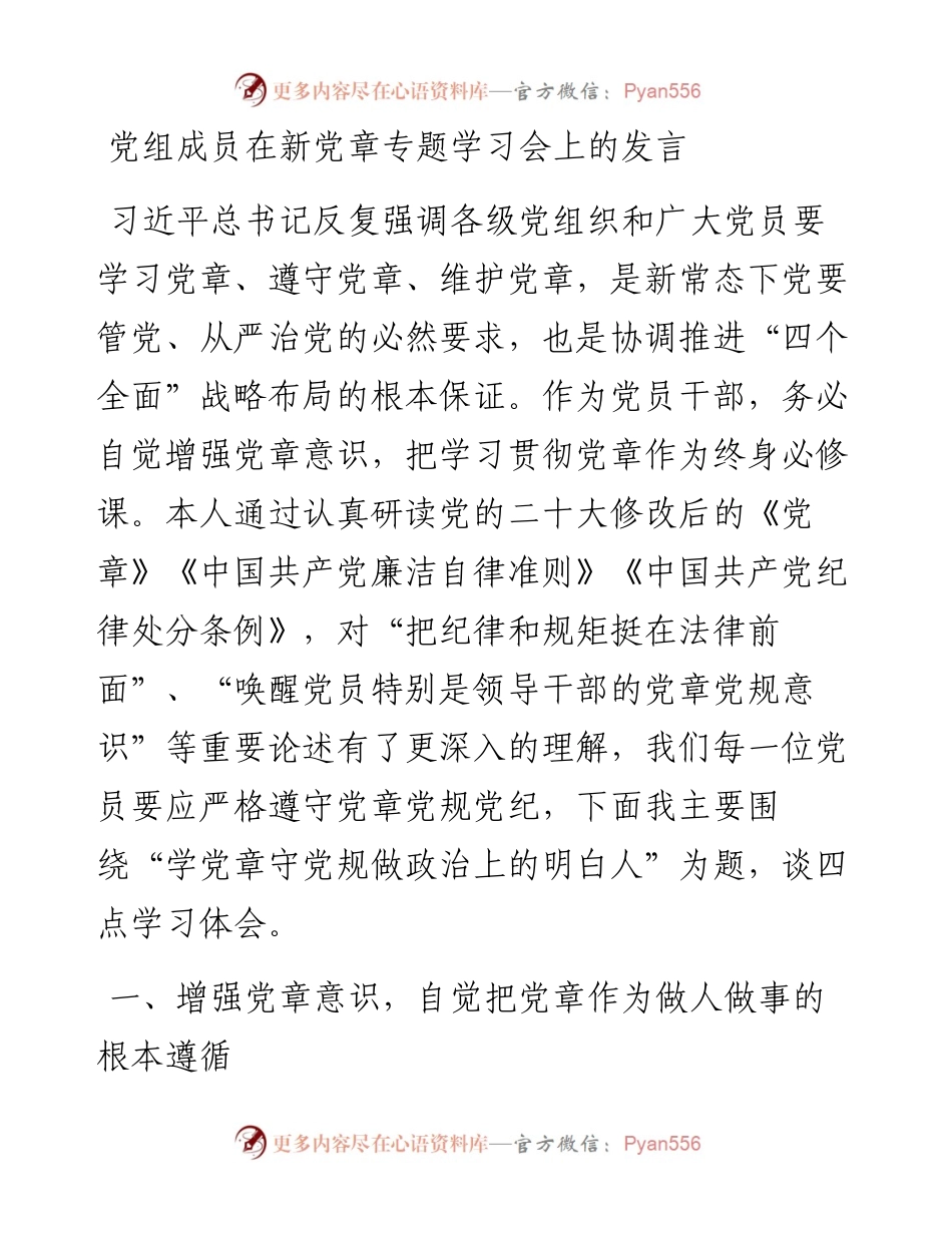 党组成员在新党章专题学习会上的发言.docx_第1页