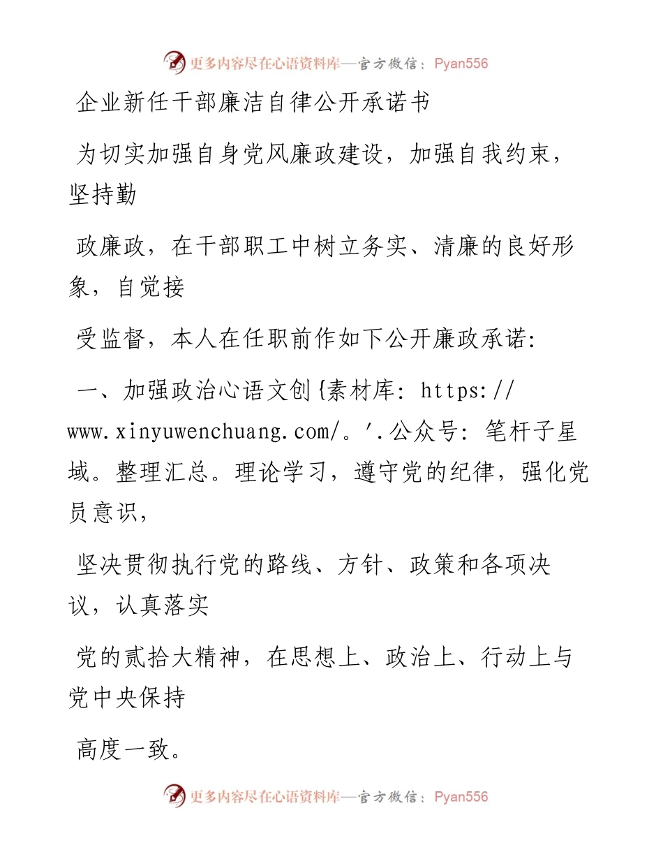 企业新任干部廉洁自律公开承诺书.docx_第1页