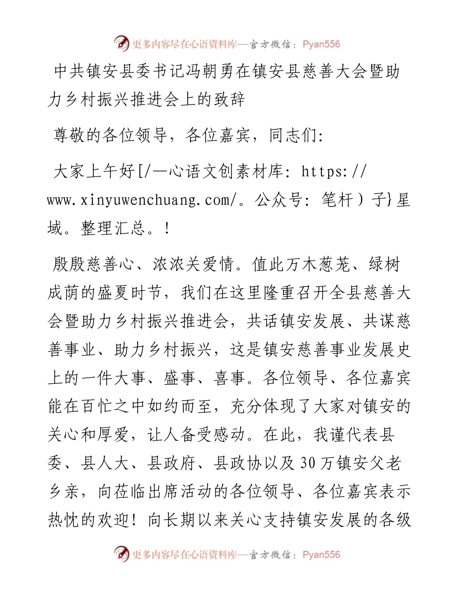 中共镇安县委书记冯朝勇_在镇安县慈善大会暨助力乡村振兴推进会上的致辞（0719）.docx_第1页