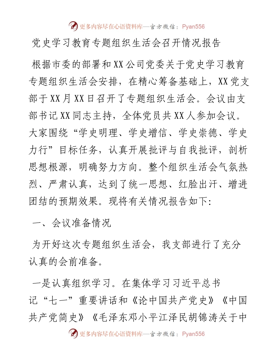 党史专题组织生活会召开情况总结报告.docx_第1页