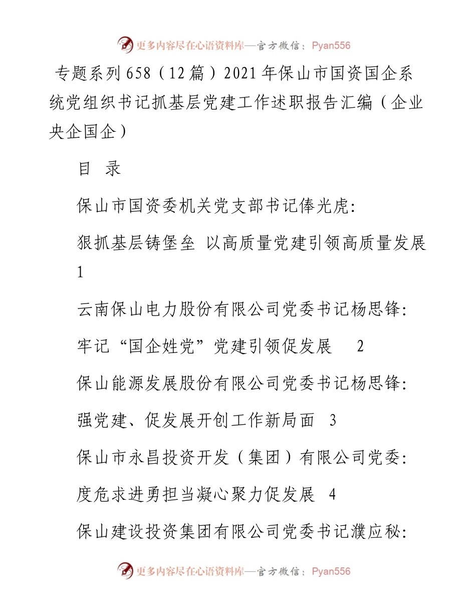 专题系列658（12篇）保山市国资国企系统党组织书记抓基层党建工作述职报告汇编（企业央企国企）.docx_第1页