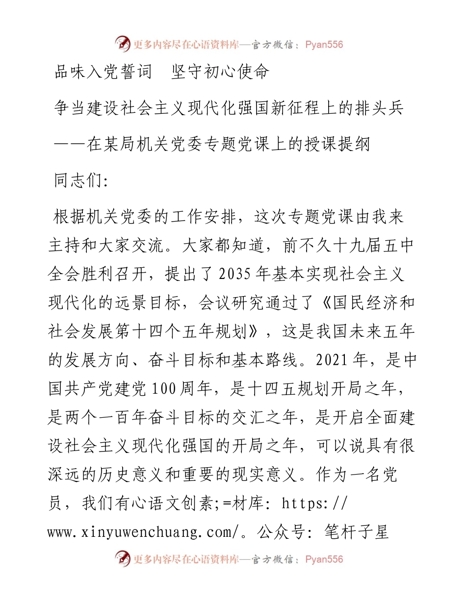 专题党课：品味入党誓词 坚守初心使命 争当建设社会主义现代化强国新征程上的排头兵.docx_第1页