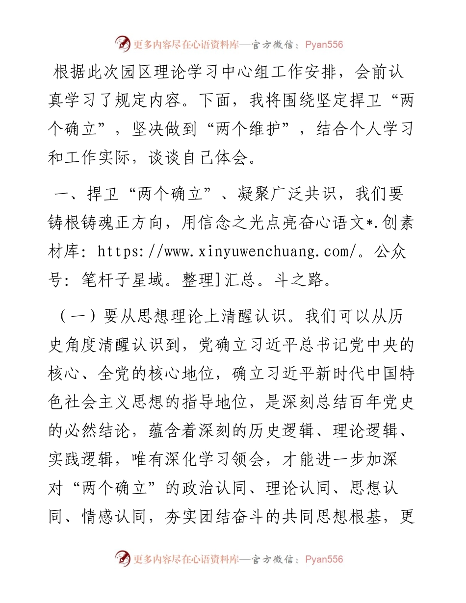 中心组发言：捍卫“两个确立” 共担新使命 凝聚广泛共识同谱园区发展新篇章.docx_第1页
